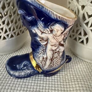 Blue and Gold Angel Boot Vase